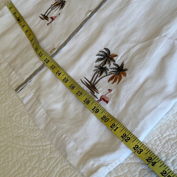 100% Linen Tunic Shirt Jacket Embroidered Flamingo Palm Women’s XL White Preppy - Picture 12 of 15